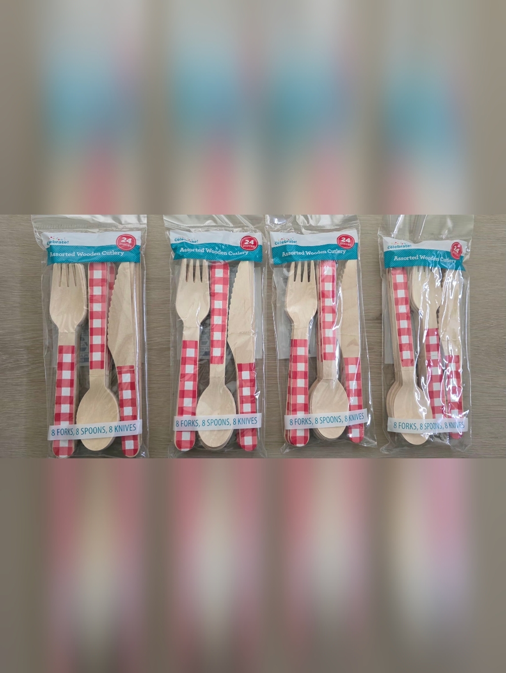 New 4 Packs Assorted Wooden Cutlery Set with Red Gingham Handles - 96 Pieces
